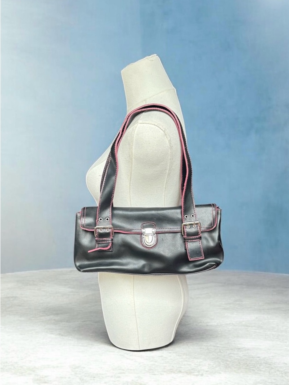 Classic Black Shoulder Bag with Pink Trim
